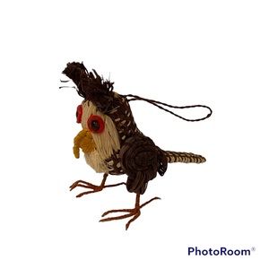 HOLIDAY ORNAMENT PERU HANDMADE OWL BROWN CREAM RAFFIA STRAW HOME XMAS